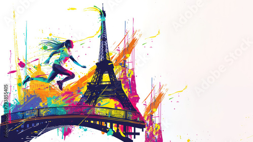 Colorful painting of athletes jumping over hurdles by the Eiffel Tower