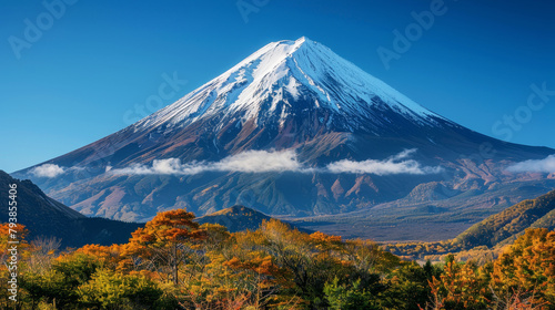 Majestic snow-capped volcano towering over an autumn landscape against a clear blue sky