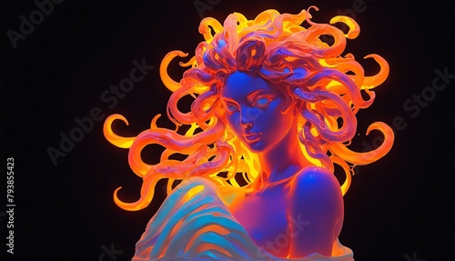 orange neon light glowing medusa statue on plain black background from Generative AI