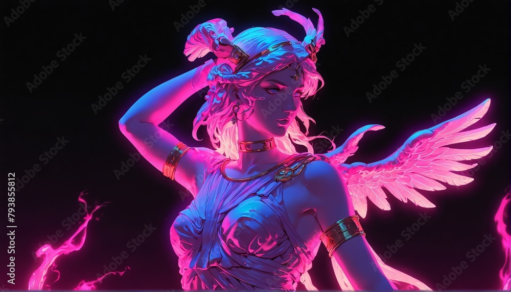pink neon light glowing goddess athena greek statue on plain black background from Generative AI