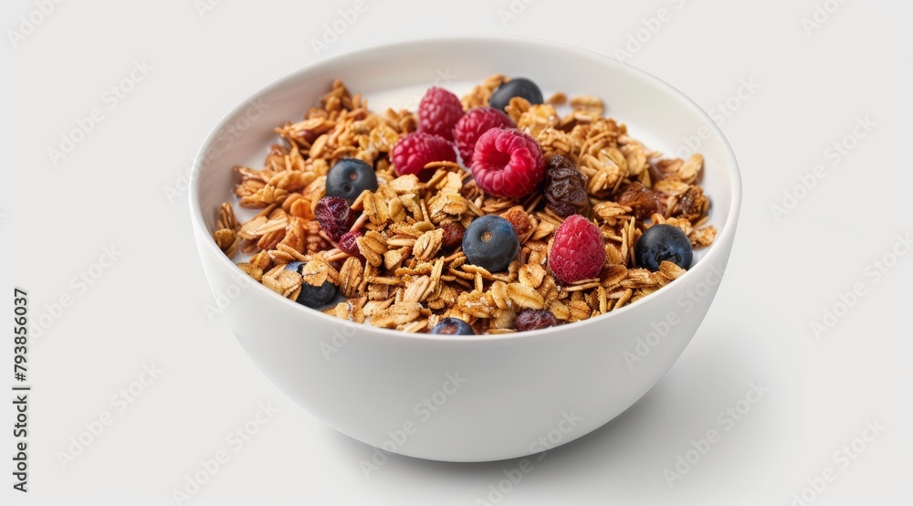 A close up view of a bowl of a healthy morning meal with fresh granola, yogurt and berries. Bowl of granola with milk and berries on a white background. In the bowl there are cornflakes, honeycomb A close up view of a bowl of a healthy morning meal with fresh granola, yogurt and berries. Bowl of granola with milk and berries on a white background. In the bowl there are cornflakes, honeycomb