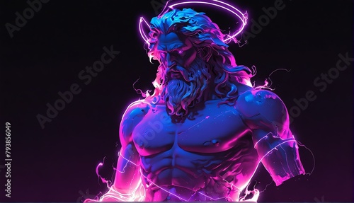 purple neon light glowing god zeus greek statue on pla plain black background from Generative AI