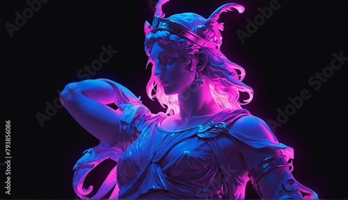 purple neon light glowing goddess athena greek statue plain black background from Generative AI
