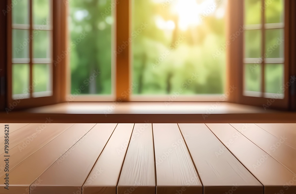 A light wooden textured table against a blurred summer window background. A light wooden textured table against a blurred summer window background.