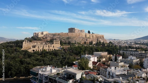Acropolis in Greece, Parthenon in Athens drone aerial view, famous Greek tourist attraction, Ancient Greece landmark drone aerial view - sigthseeing destination Unesco Heritage world in Atene  photo