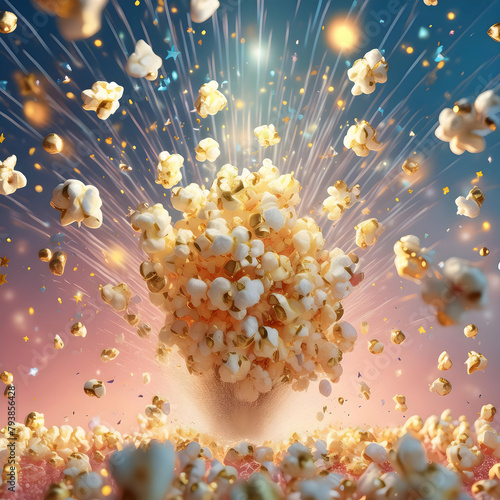 popcorn kernels are popping magically in mid-air, surrounded by sparkles and tiny, colorful fireworks. Each popcorn should appear as if it's bursting with energy and li