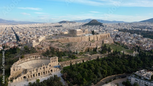 Obraz na płótnie Acropolis in Greece, Parthenon in Athens drone aerial view, famous Greek tourist attraction, Ancient Greece landmark drone aerial view - sigthseeing destination Unesco Heritage world in Atene w salonie