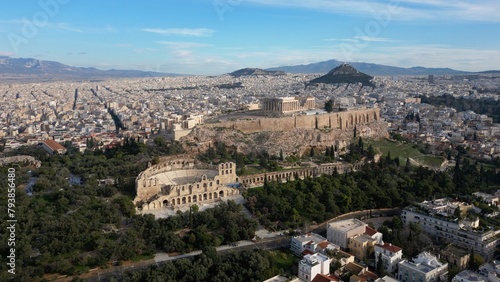 Acropolis in Greece, Parthenon in Athens drone aerial view, famous Greek tourist attraction, Ancient Greece landmark drone aerial view - sigthseeing destination Unesco Heritage world in Atene 