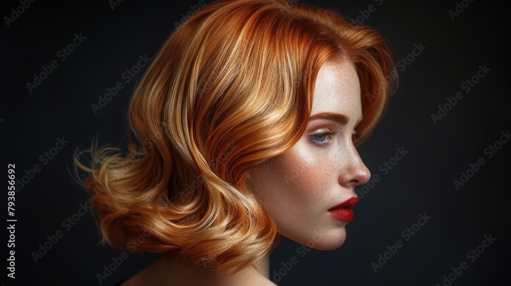 trendy women's hair styling blonde large curls. peach fuzz color, girl in profile with professional hair styling, back view trendy women's hair styling blonde large curls. peach fuzz color, girl in profile with professional hair styling, back view