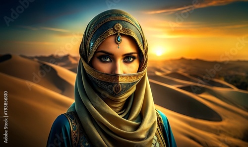 A beautiful woman with blue eyes and make up in a hijab on the desert background. Ai generated