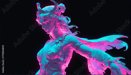 teal neon light glowing goddess athena greek statue on plain black background from Generative AI