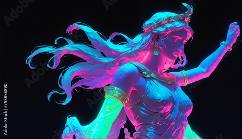 teal neon light glowing goddess athena greek statue on plain black background from Generative AI