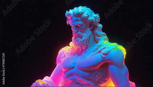 white neon light glowing god zeus greek statue on plai plain black background from Generative AI