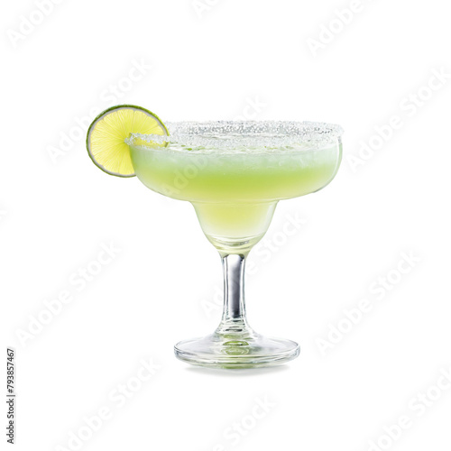 Margarita glass wide bowl with a salted rim one empty and one filled with pale