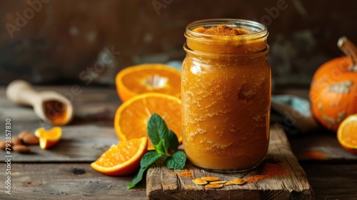 Pumpkin and Orange Smoothie with Mint Leaves in a Jar on Wooden Background photo