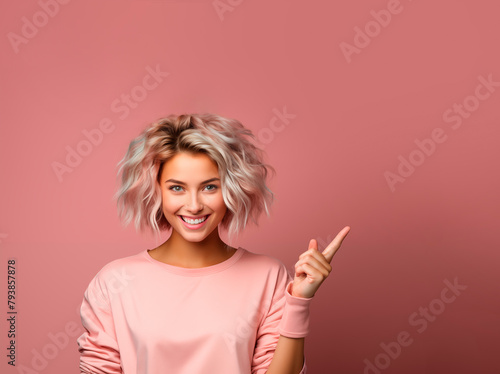 Joven morena de pie. Sobre fondo rosa sonriendo y mirando a la cámara señalando con una mano y los dedos hacia un lado.