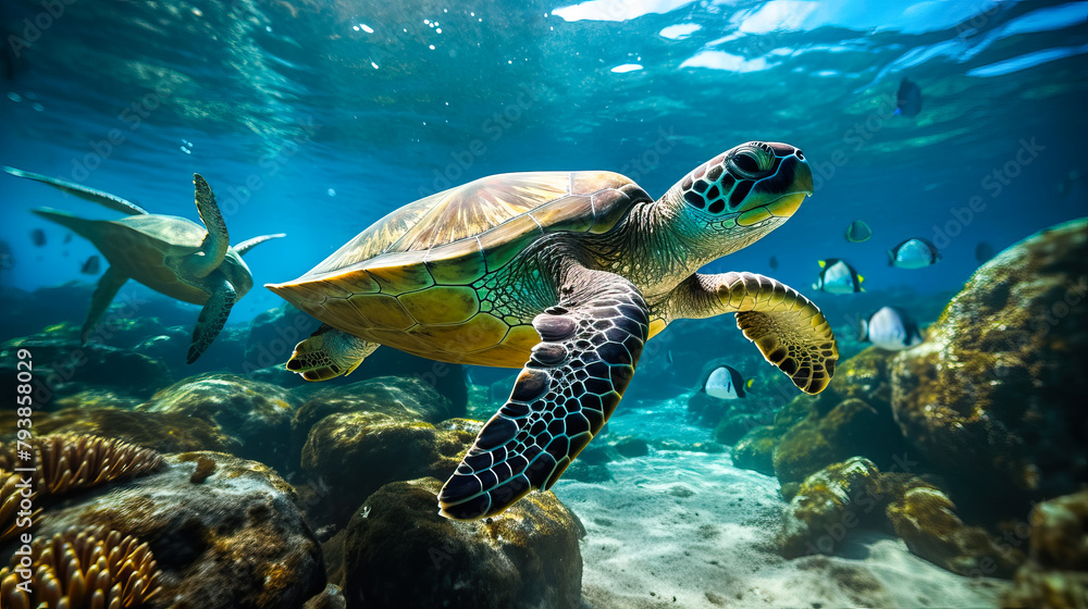 Flock of sea turtles swims underwater in the ocean