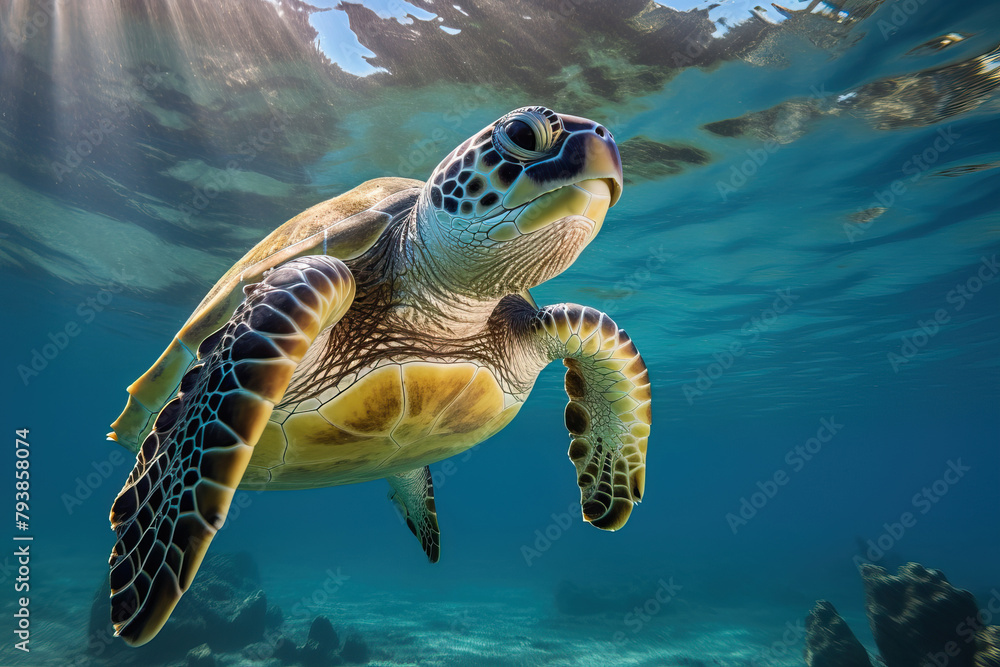 Fototapeta premium Sea turtle swims underwater in the ocean. World Turtle Day concept
