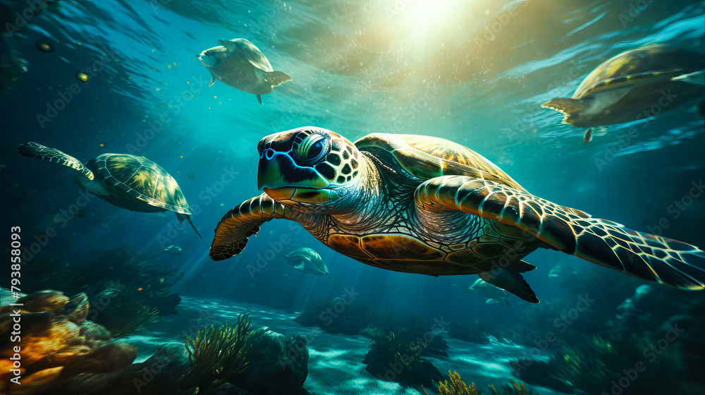 Flock of sea turtles swims underwater in the ocean. World Turtle Day concept