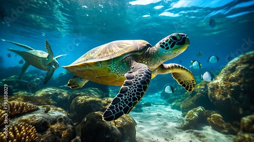 Flock of sea turtles swims underwater in the ocean