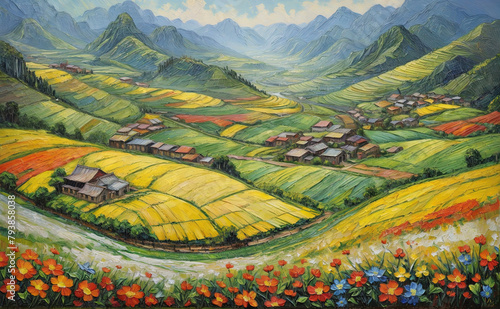 Impasto oil paiting: Beautiful panoramic landscape of a terrace fields in havest season in North Vietnam on the sunset photo