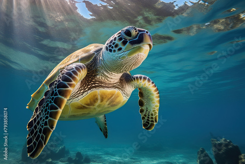 Sea turtle swims underwater in the ocean. World Turtle Day concept