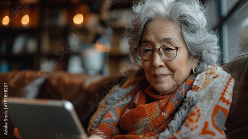 Content elderly woman relaxes on a cozy couch, happily using a digital tablet, reflecting the integration of modern technology in senior lifestyles.