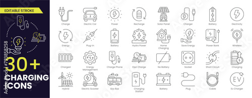 Charging Stroke icon collections. Containing charge, battery, energy, electricity, charger, recharge, electric car and charging station icons. Stroke icon collection Outline icon. Vector illustration