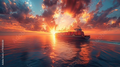 A large container ship sailing across the ocean at evening sunset with cargo ships for import and export logistics and world trade