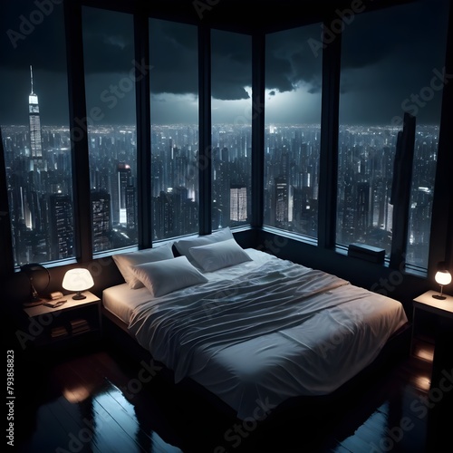 beautiful cozy, cramped bedroom with floor to ceiling glass windows overlooking a cyberpunk city at night, view from top of skyscraper photo