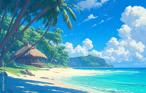 A tropical beach with palm trees and thatched huts, blue sky, a small island in the background, colorful anime style, dreamy, fantasy.