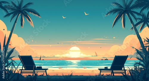 Tropical beach at sunset with palm trees and lounge chairs