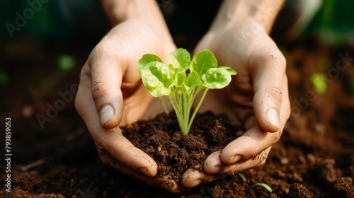 Hands planting young lettuce in fertile soil, focus on hands, minimalist style