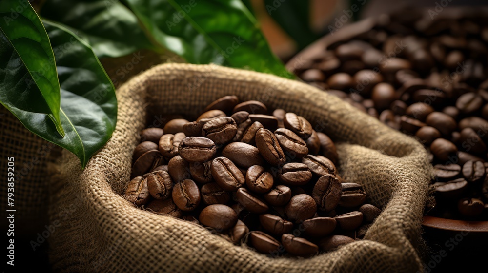 Fototapeta premium Close-up of organic coffee beans on burlap, with coffee plants in background