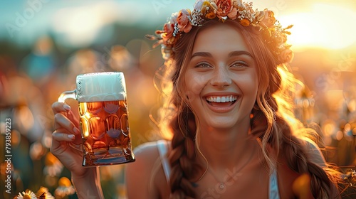 A waitress in a national Bavarian suit with a mug of German beer in her hands makes a curtsy, bows and laughs cheerfully. The beer festival Oktoberfest