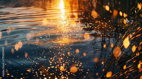 golden hour sun reflection in the water with sparkles and abstract deformations