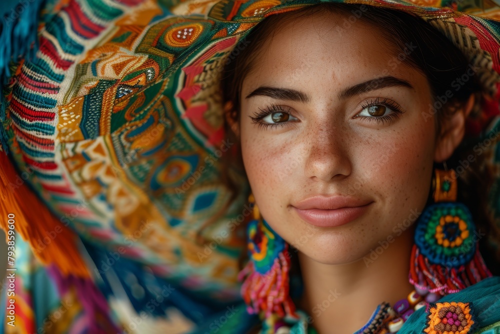 Detailed close-up of a young woman's face partially covered with a vibrant, patterned, embroidered shawl, looking directly at the camera