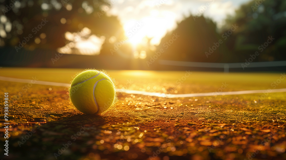  close-up photo of a tennis ball on tennis court bathed in golden sunlight