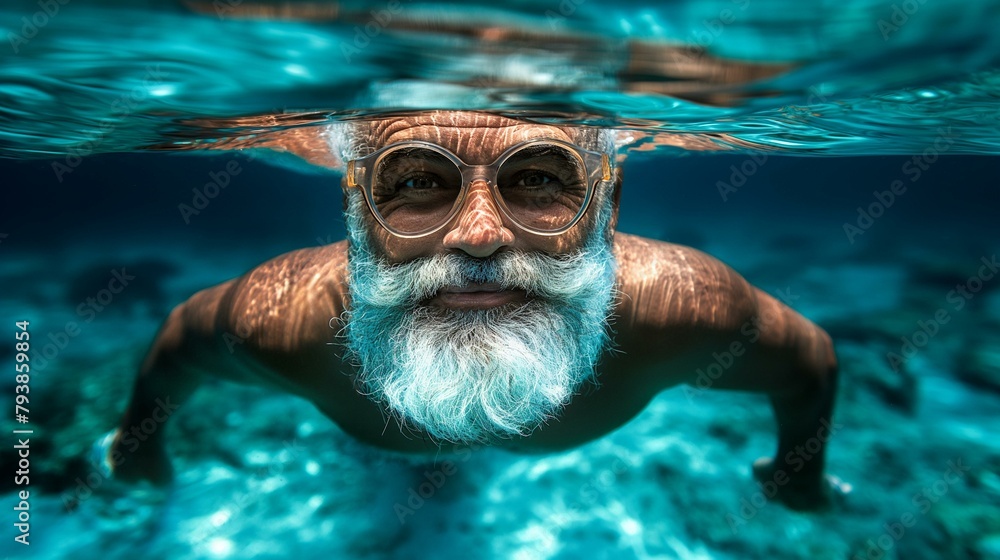 Fototapeta premium Joyful Senior Man with White Beard Snorkeling in Clear Tropical Waters