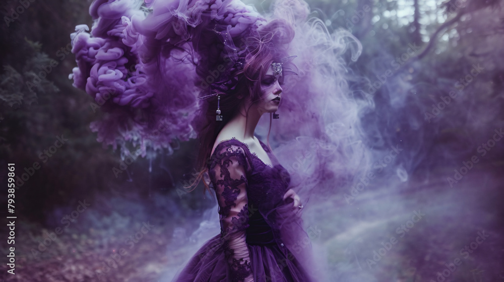 Fantasy horror woman witch medieval old purple outfit