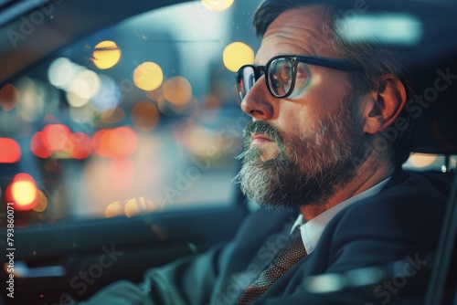 A man in a suit sits in the backseat of a car, looking out at the city lights during a night ride The blurred urban atmosphere contributes to the scene photo