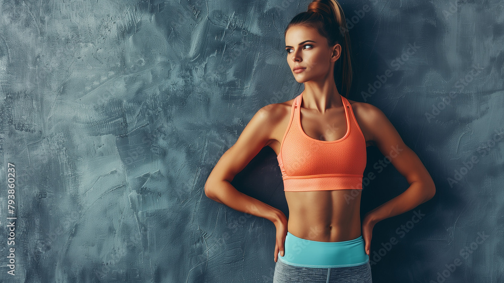 Close-up of athletic young woman. Perfect abdominal muscles, fitness classes. Young woman in sports top on a background with bokeh effect, copy space. Close-up of athletic young woman. Perfect abdominal muscles, fitness classes. Young woman in sports top on a background with bokeh effect, copy space.