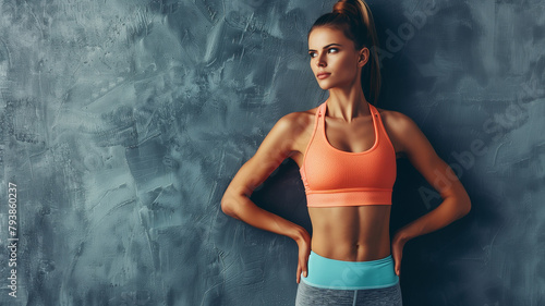 Close-up of athletic young woman. Perfect abdominal muscles, fitness classes. Young woman in sports top on a background with bokeh effect, copy space. © Mariia Mazaeva