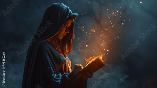 Fantasy woman witch magician in hood holds in hands 