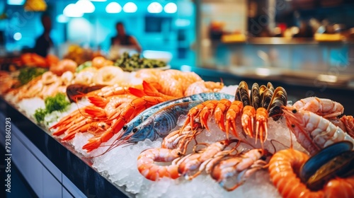 Various fresh seafood varieties displayed on ice for sale in a market