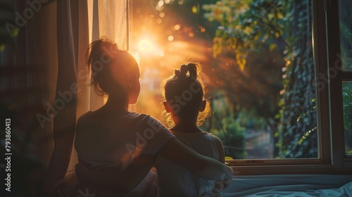 A quiet early morning scene where a mother and daughter sit by a window, watching the sunrise while embracing, their silent connection speaking volumes about the depth of their love and bond.