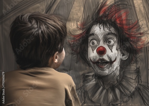 Ein kleiner Junge schaut interessiert auf eine sehr lebendige Wandzeichnung mit einem ausdrucksstarken Clown photo