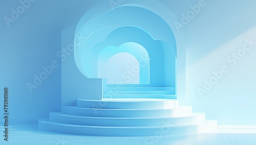 Abstract minimalistic podium for product presentation with light blue background and sun rays. Simple geometric shapes