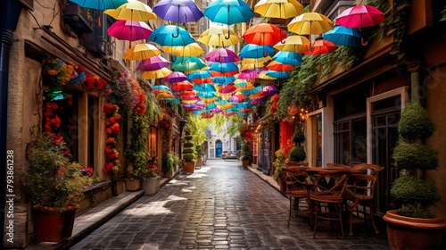 Colorful umbrellas in various shades hang from the ceiling of a vibrant street, creating a whimsical and inviting atmosphere