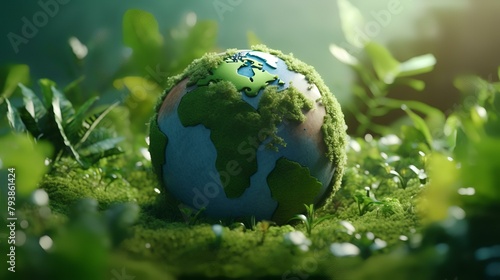 Green earth globe on green moss background. 3d render illustration.
